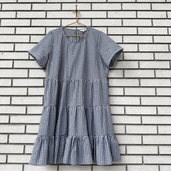 Downeast Navy Gingham Tiered Midi Dress XXL Short Sleeve Cottagecore Preppy - Picture 2 of 11